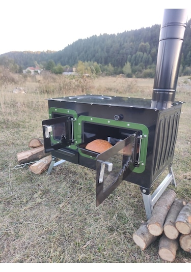 Yeşil Çadır Sobası Kuzineli Fırınlı Taşınabilir Kamp Sobası Yeşil