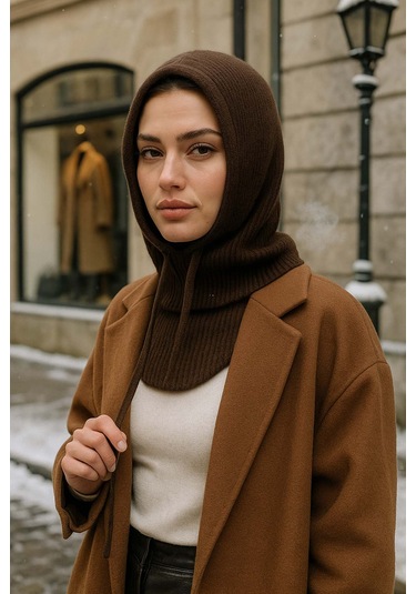 Kadın Triko Balaklava Bere Şapka Rkşbyn-05 Kahverengi Kahverengi