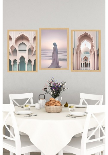 Modern İslami Mimari Ve Huzur Temalı 3 Lü Tablo Seti Çerçeve Görünümlü Crvs1210 30 X 40