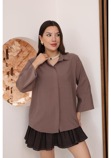 Kadın Slim Fit Dar Kesim Vücuda Oturan Uzun Kollu Gül Kurusu Gömlek Pembe