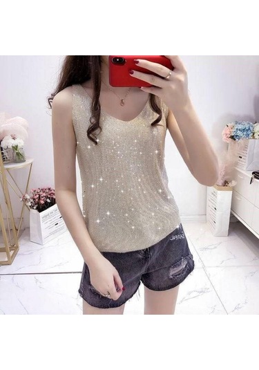 Kahve Kadın Buz Ipek Elmas Kaşkorse Kadın Gevşek Kısa Kolsuz Vahşi V Yaka Dibe Gömlek Tankı Yaz Camiş Ve Tank Üstleri
