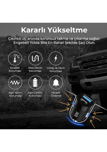 Bix 65w Type-c Pd 3.0 Ve Usb-a Çift Portlu Araç İçi Hızlı Şarj Cihazı Siyah