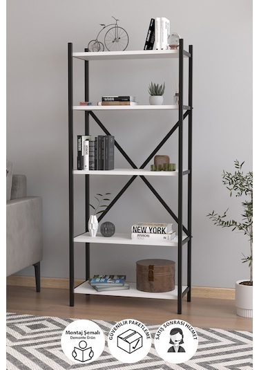 5 Raflı Dekoratif Metal Ofis Kitaplığı Aksesuar Rafı Troya Beyaz