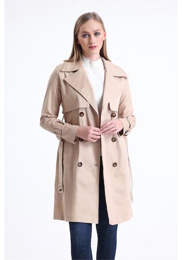 Pastelastore Esnek Pamuk Gabardin Midi 95cm Astarsız Kadın Trençkot 1118 Bej