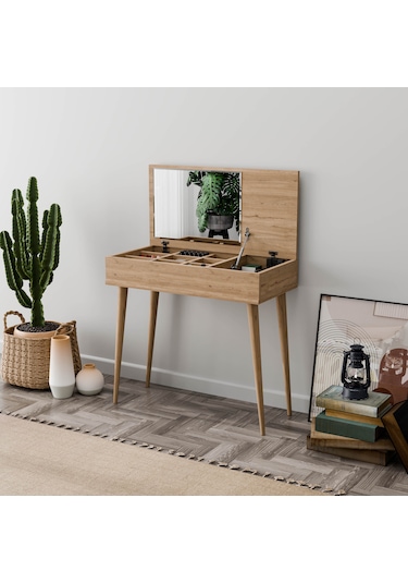 2222 Flora Düşer Kapaklı Aynalı Ahşap Ayaklı 80cm Makyaj Masası