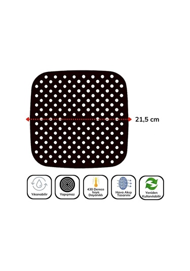 Buffer Siyah Isıya Dayanıklı Yıkanılabilir Silikon Fırın Ve Airfryer Kare Model Pişirme Matı 21,5 C Çok Renkli