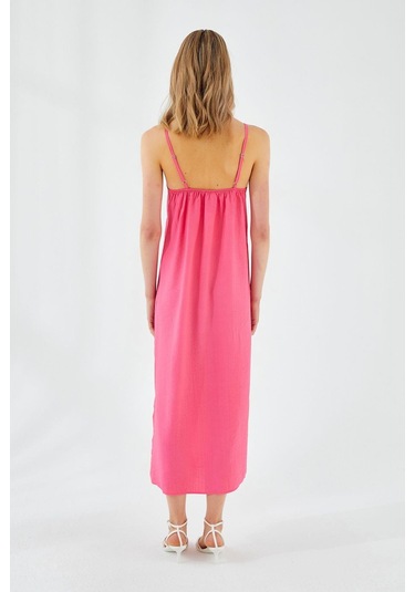 4252 Kadın İp Askılı V Yaka Elbise Fuşya Fuşya