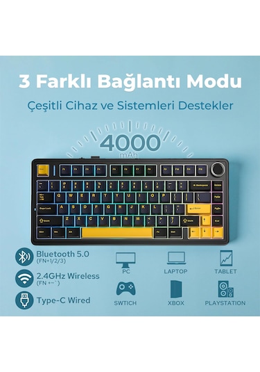 Aula F75 Mekanik Rgb Tkl Reaper Switch Kablosuz Makrolu Hot Swap Klavye Siyah