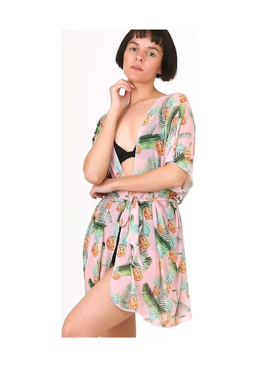 Pareo Plaj Elbisesi Kimono Std Yazlık Oversize Tül Gömlek Kemerli Elbise Ananas Somon