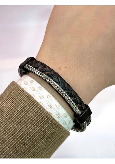 Nursaat NS.EKB.106 Koyu Kahve Deri&Gümüş Zincirli 2'li Kombinli Deri Bileklik Serisi Çok Renkli