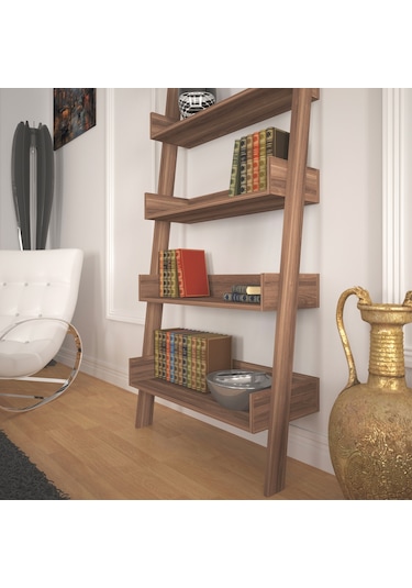 Pasifichome Only Raflı Ceviz Merdiven Kitaplık / Duvara Monte Kitaplık