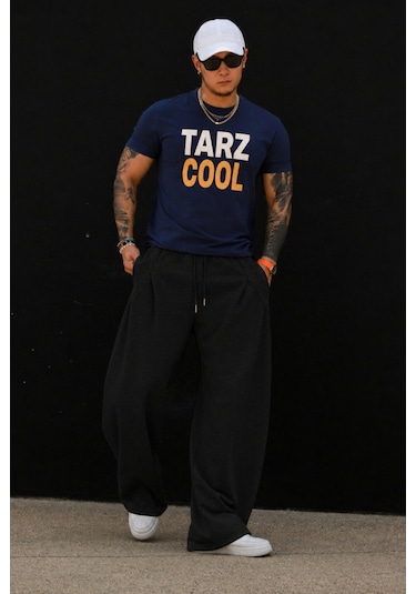 Tarz Cool Erkek Oversize Eşofman Altı Bağcıklı Rahat Kalıp Günlük Basic Jogger Pantolon Siyah
