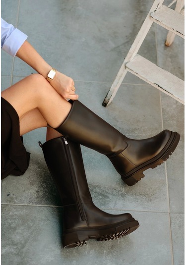 Idax Siyah Cilt Topuklu Kadın Çizme Siyah