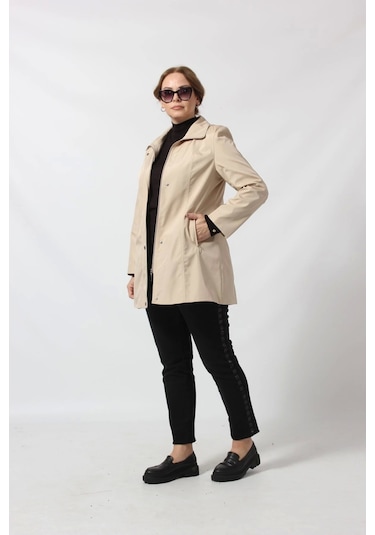 1616 Fermuarlı Cep Detaylı Kapuşonlu Bondit Ceket Açık Kapiçino Cappuccino