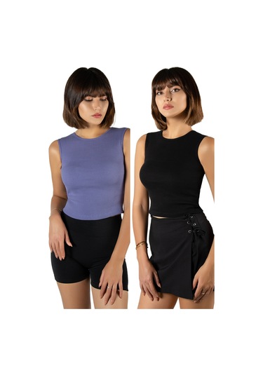 2'li Paket Mor Siyah Fitted/vücuda Oturan Crop Halter Yaka Fitilli Esnek Örme Bluz Atlet Mor Siyah