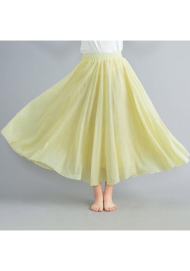 Yaz Sonbahar Kadın Etek Edebi Büyük Boy Pamuk Keten Yarım Etek Elastik Bel Keten A-line Etek Uzun Bölüm Saf Renk Rüzgar Salıncak Etek Sarı