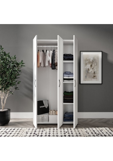 Soft 3 Kapaklı Beyaz Gardırop, Elbise Dolabı