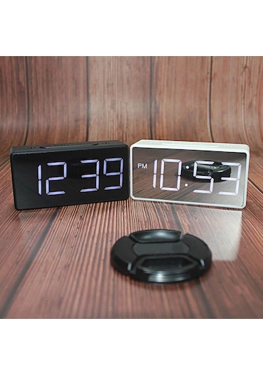 Aynalı Dijital Saat Ertelemeli Yatak Başı Çalar Saat Led Ekranlı 12/24 Saat Çift Formatlı Saat Pilsiz - Siyah Siyah