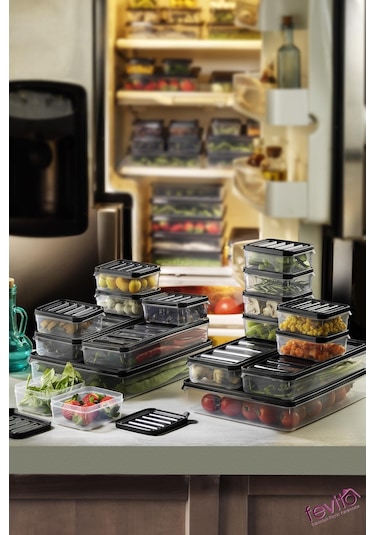 Mikrodalga Ve Difrizde Kullanılabilen Saklama Kabı Seti 18 Li Antrasit S-401 Şeffaf