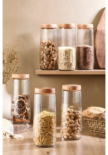 6 Adet 1,5 Litre Mega Boy Bambu Kapak Görünümlü Çizgili Kavanoz Seti 1500 Ml