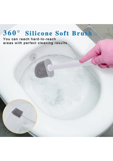 Yunboo Duvarlı Silikon Tuvalet Fırçası Seti - Esnek Başlı, Döküntü Temizleyici, Uzun Kollü, Boşluk Tasarrufu, Beyaz Beyaz
