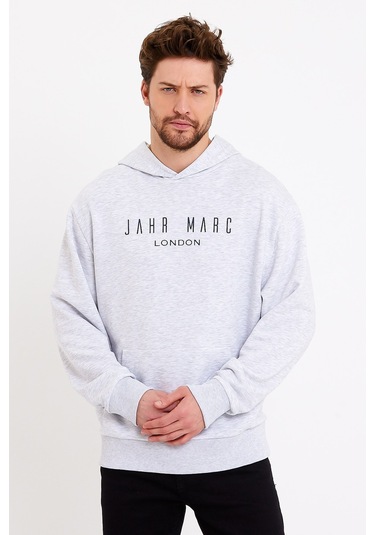 JAHR MARC Baskılı Kapüşonlu Gri Oversize Erkek Sweatshirt Gri