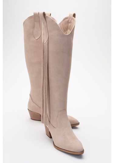 Rios Bej Hakiki Deri Süet Püsküllü Kadın Kalın Topuklu Çizme Bej Süet