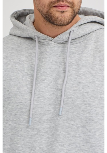 Erkek Gri Melanj Standart Fit Normal Kesim Içi Polarlı 3 Iplik Kapüşonlu Pamuklu Sweatshirt Gri Melanj
