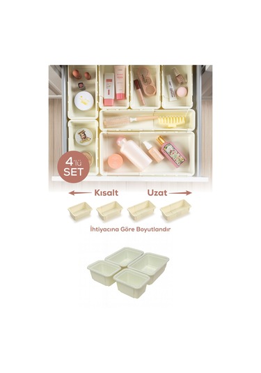 4'lü Set Ayarlanabilir Çekmece Içi Düzenleyici Kutu Uzayıp Kısalabilen Organizer Seti 2a2b Krem