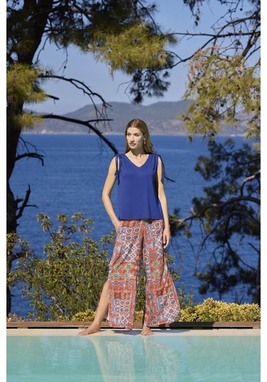 Monamise Kadın Etnik Desenli Yırtmaçlı V Yaka Askılı Alt Üst Takım 25029 Saks