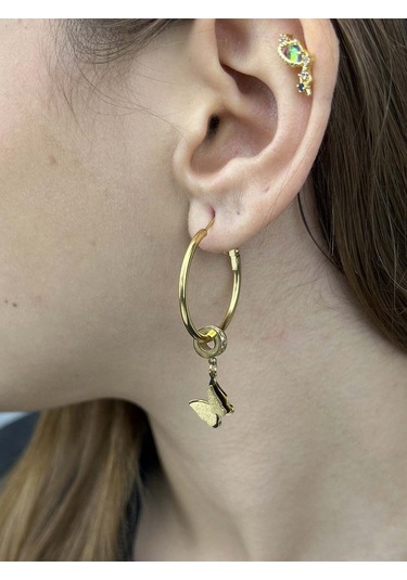 Sallantılı Kelebek Figürlü, Paslanmaz Çelik Küpe 45, Altın Renk Altın