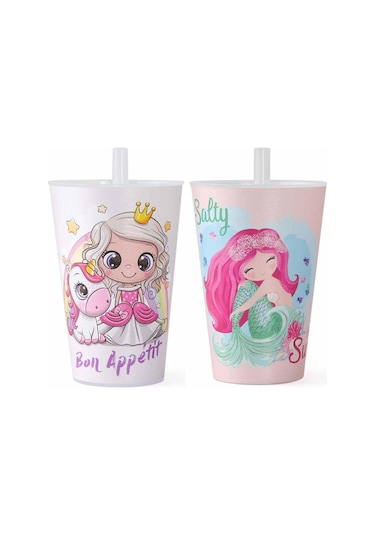 Kapris 2 Adet Desenli Plastik Pipetli Bardak Kız Model 400 Ml