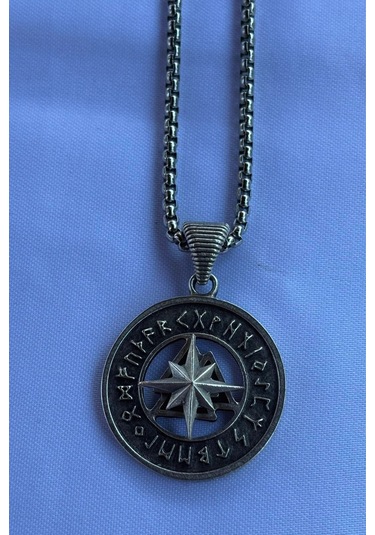 Pusula Viking Run El İşçiliği Paslanmaz Çelik Zincir Erkek Kolye Gümüş