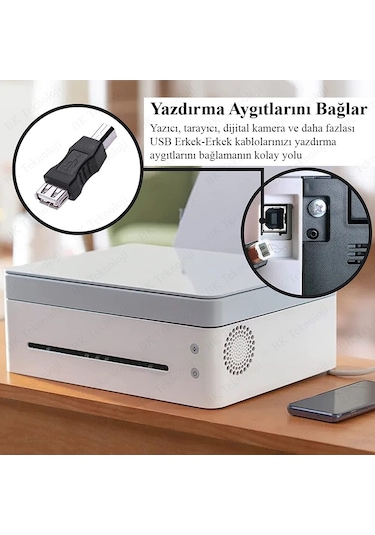 USB-B Printer Erkek to USB-A Dişi Adaptör