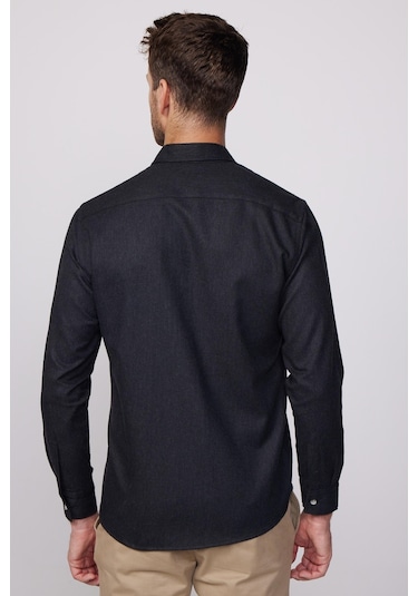 Tudors Klasik Fit Armürlü Spor Yaka Düz Oduncu Siyah Erkek Gömlek-28599-siyah Siyah