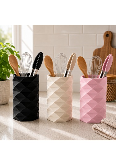 Geometrik Tasarımlı Mutfak Kaşıklığı Organizeri 10 Cm Çap Geniş İç Hacimli Tezgah Üstü Kaşıklık Bej