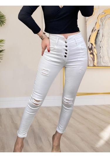 5 Düğmeli V Detay Bel Yırtık Kot Beyaz