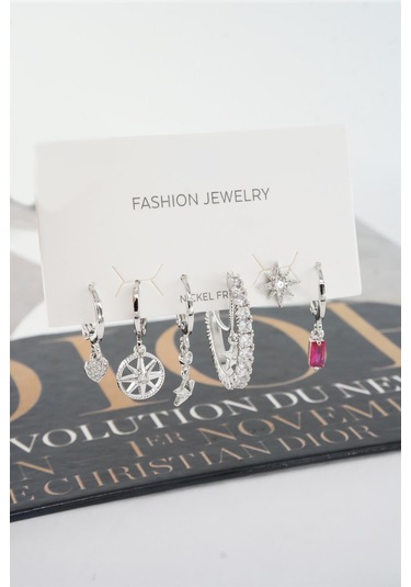 Kadın Vip Seri Mix Zirkon Taşlı 6'lı Küpe Seti - Gümüş