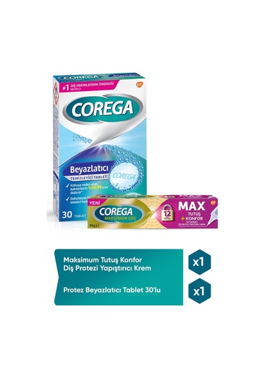 Corega Maksimum Tutuş + Konfor Diş Protezi Yapıştırıcı Krem 40 G + Protez Beyazlatıcı Tablet 30'lu