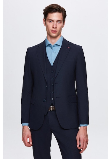 Ds Damat Slim Fit Lacivert Mono Yaka Tek Yırtmaçlı Astarlı Takim Elbise Yelekli 4HFY5ORT01599 Lacivert