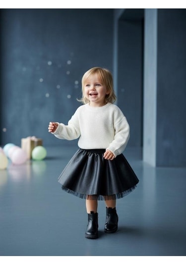 Zekids Kız Bebek Deri Kloş Etek-16546 Siyah