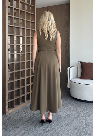 Haki Bel Kemer Detaylı Elbise Haki