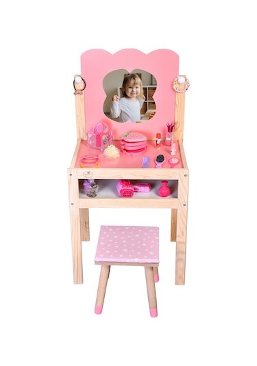 Ahşap Çocuk Güzellik Makyaj Masası Tabüreli