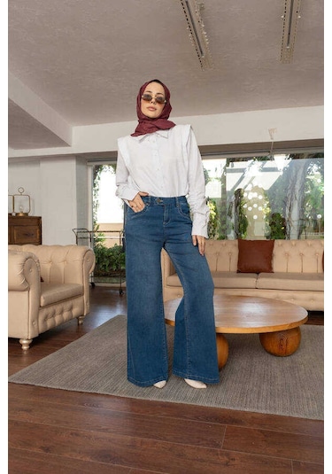 Neways 1067-denim Bol Paça Pantolon Koyu Mavi Mavi
