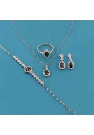 925 Ayar Gümüş Siyah Taşlı Damla Desen Zarif Set