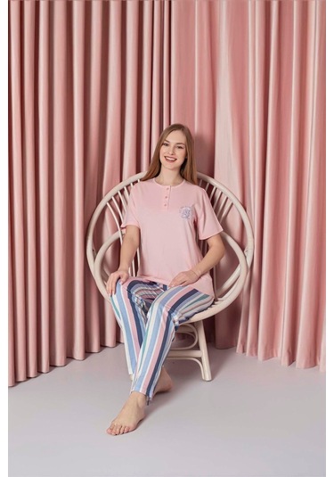 Ahengim Kadın Pijama Takımı Süprem Kısa Kollu Alt Çizgili Göğüs Nakışlı Pamuklu W20722328 Pembe