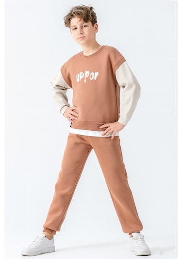 Erkek Çocuk Upper Baskılı 3 İplik Kalın Kışlık Eşofman Takımı Ak4231 Kahverengi