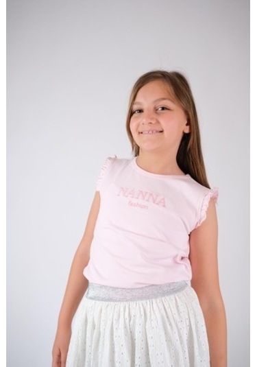 Kolsuz Fırfırlı Pamuklu Tişört Pudra Pembe Nanna Fashion 2022-G-0