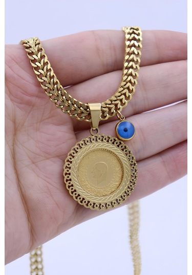 TC. Darphane 22 Ayar Çeyrek Altınlı Çelik Kolye