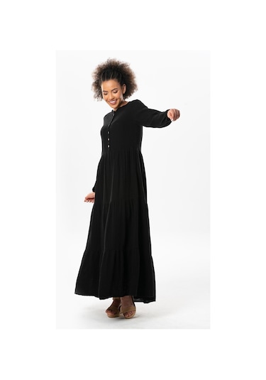 Uzun Kol Akay Uzun Düğme Detay Yazlık Müslin Elbise Siyah Syh-siyah Siyah